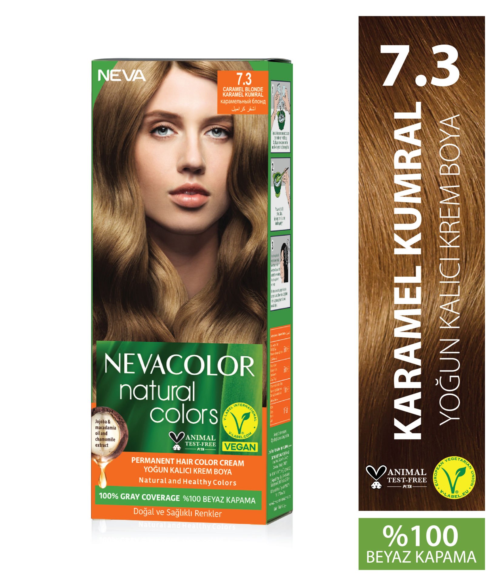 Nevacolor Natural Colors 7.3 Karamel Kumral - Kalıcı Krem Saç Boyası Seti