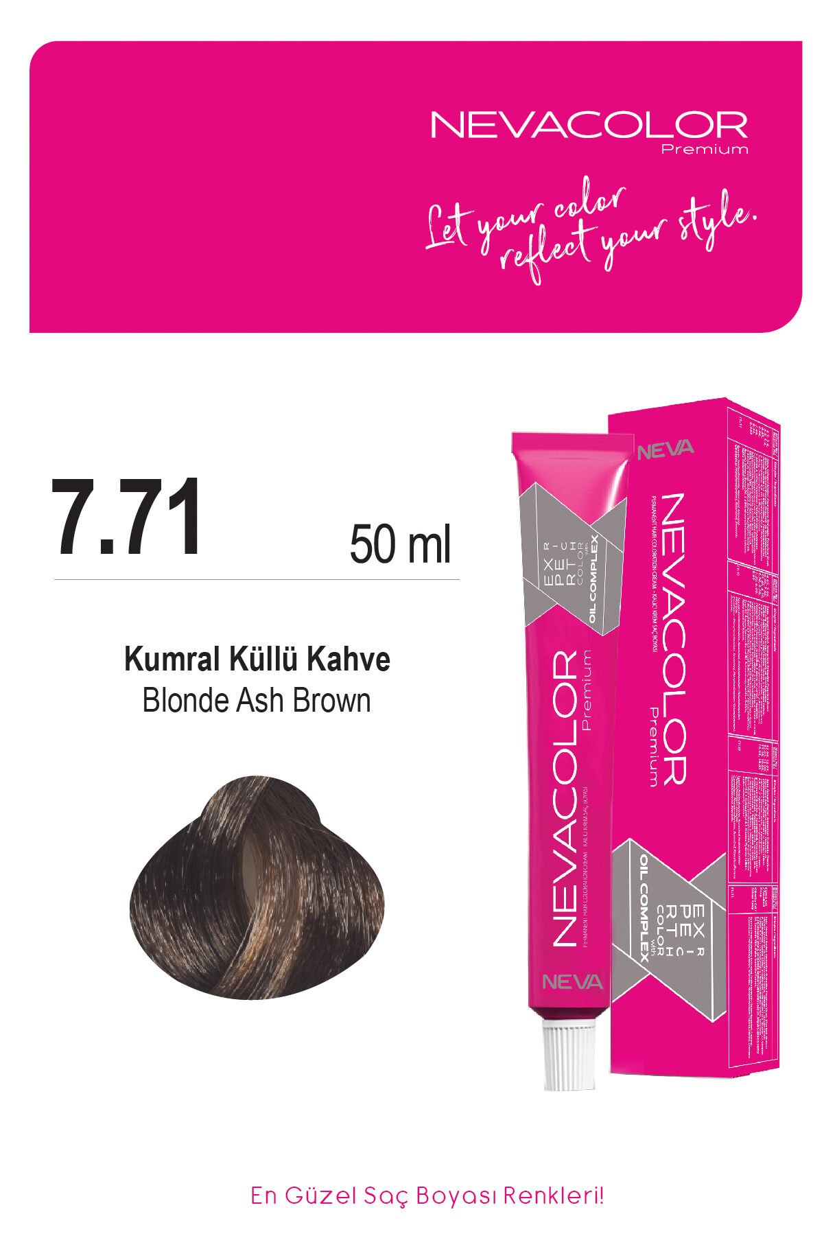Nevacolor Premium 7.71 Kumral Küllü Kahve - Kalıcı Krem Saç Boyası 50 g Tüp