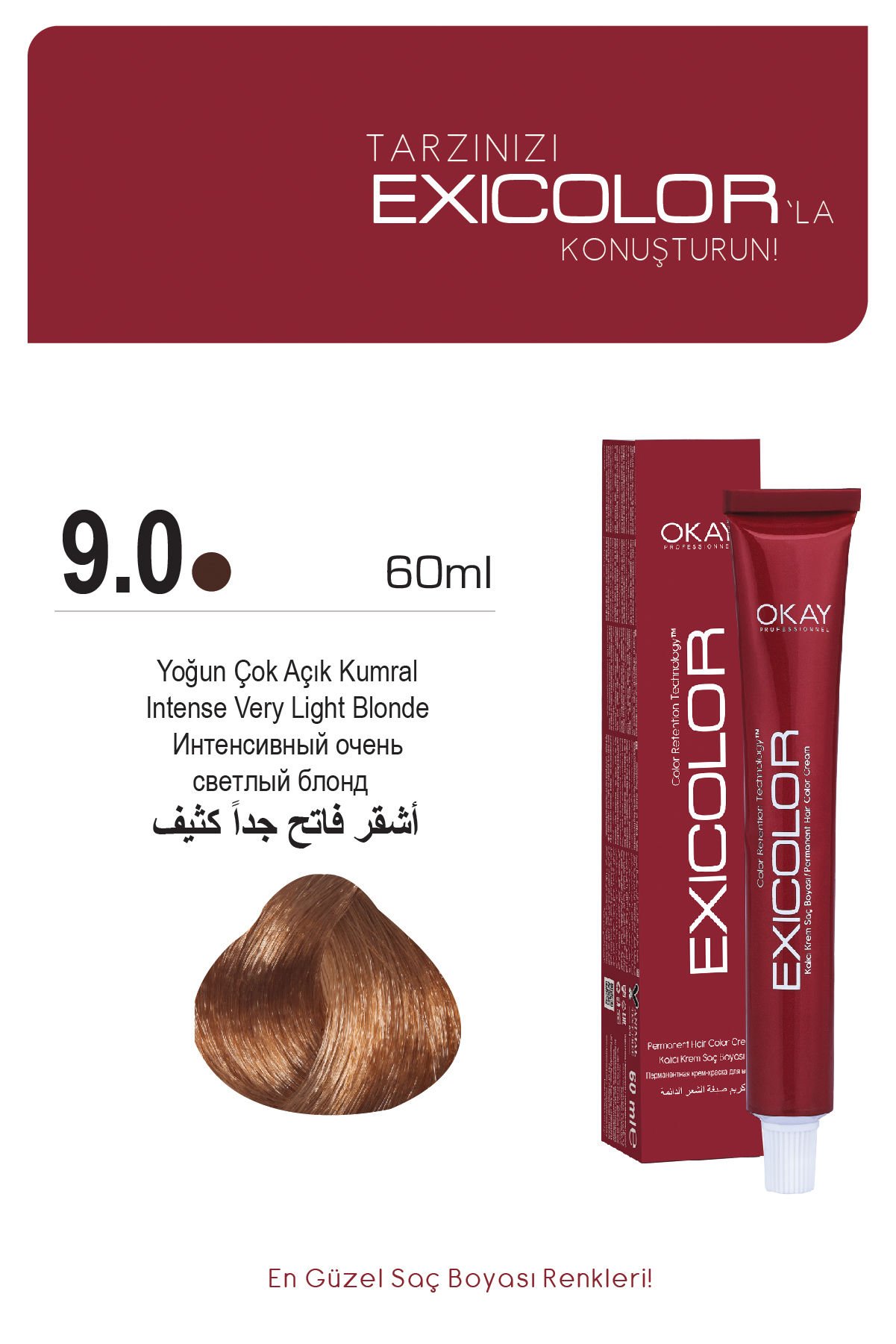 Exicolor 9.0 Yoğun Çok Açık Kumral - Kalıcı Krem Saç Boyası 60 ml Tüp