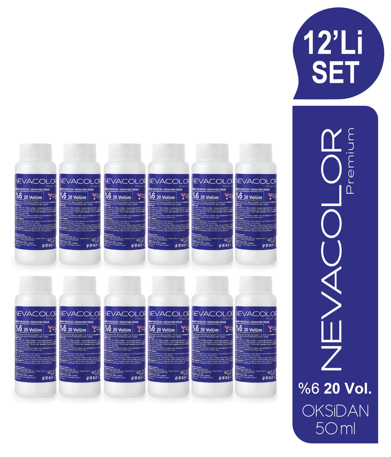 NEVACOLOR Premium 12'Lİ SET ŞİŞE  %6 (20V) Oksidasyon Krem (50ml x 12 adet)