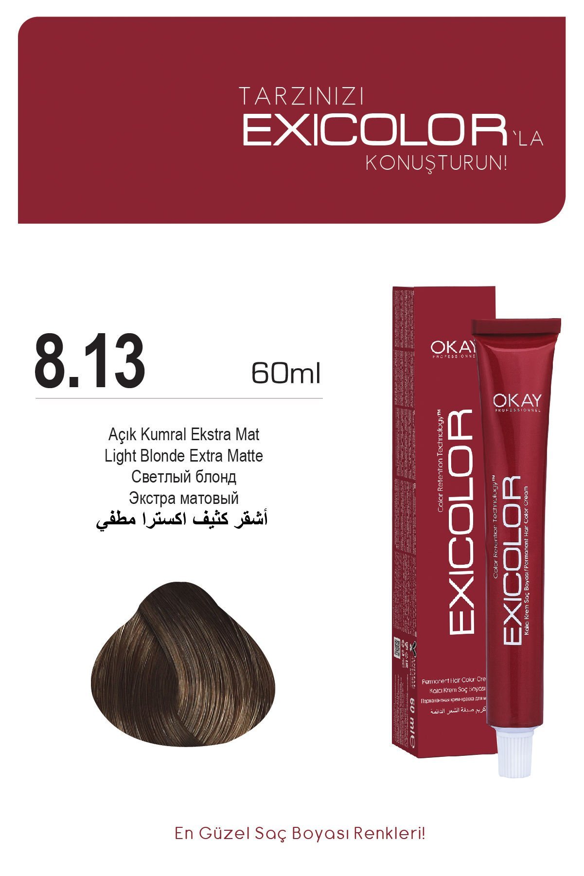 Exicolor 8.13 Açık Kumral Ekstra Mat - Kalıcı Krem Saç Boyası 60 ml Tüp