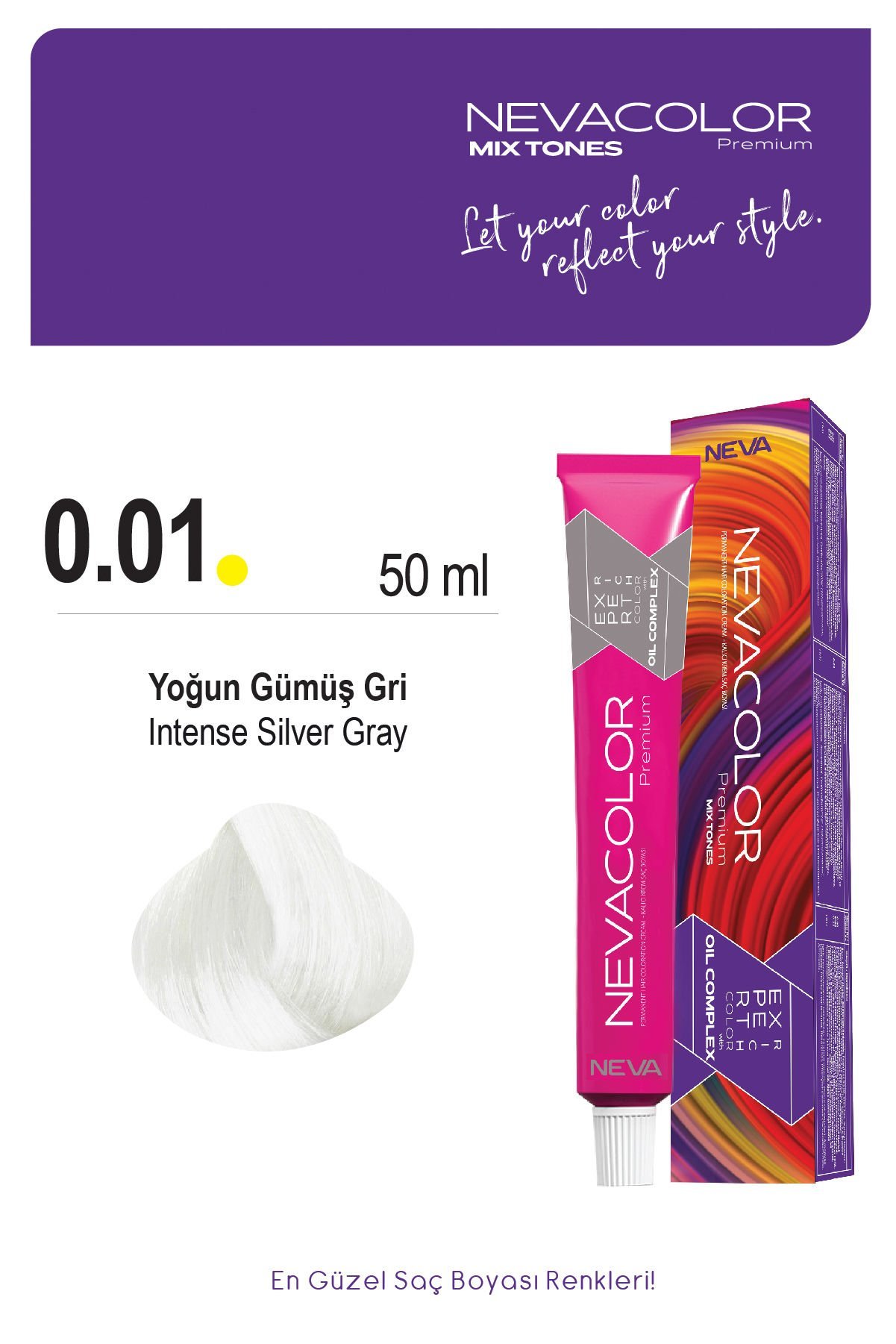 Nevacolor Premium 0.01 Yoğun Gümüş Gri - Kalıcı Krem Saç Boyası 50 g Tüp