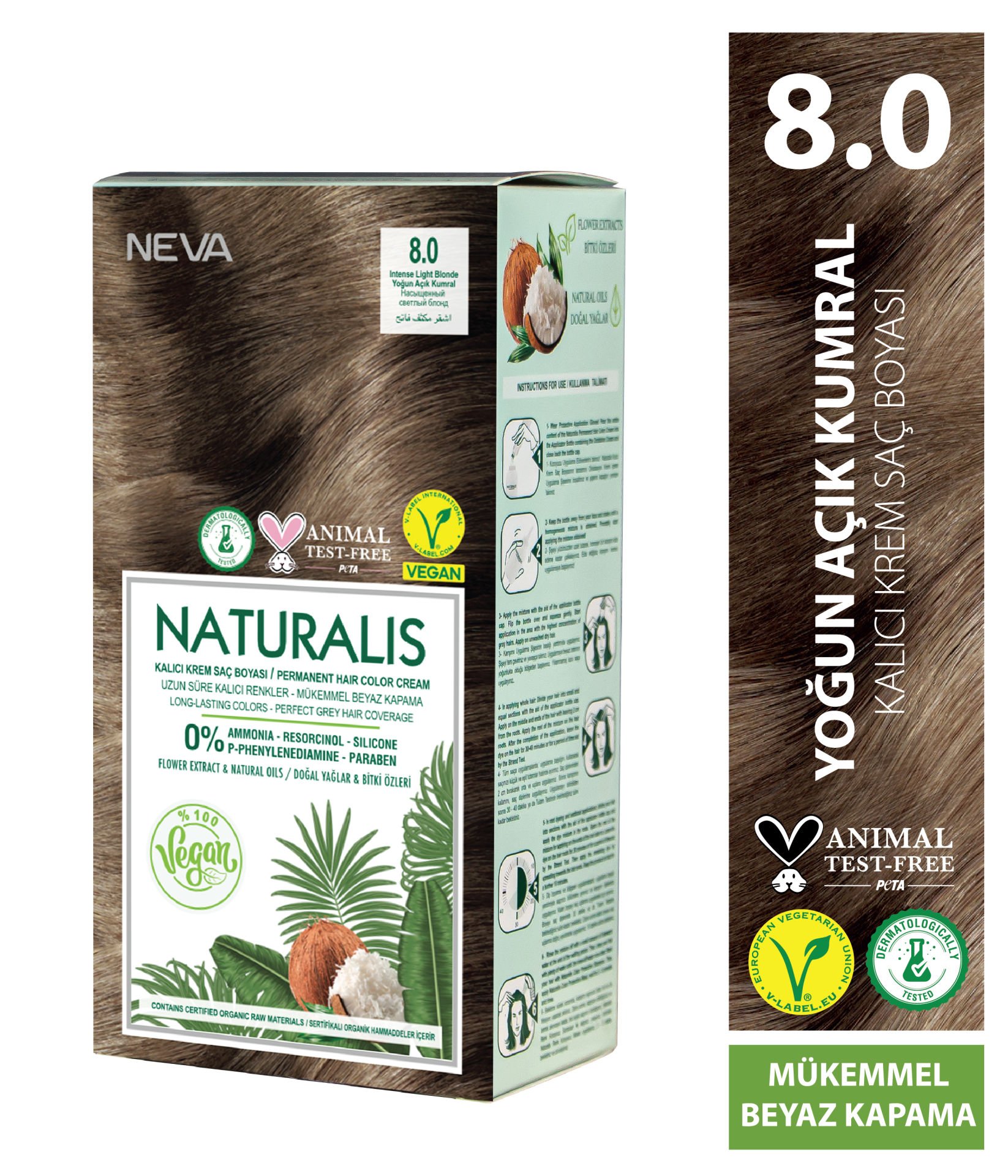 Nevacolor Naturalis Vegan Yoğun Açık Kumral 8.0 Kalıcı Krem Saç Boyası Seti