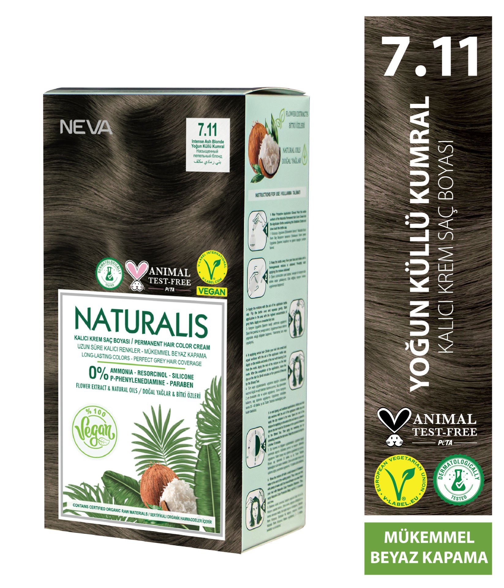 Nevacolor Naturalis Vegan Yoğun Küllü Kumral 7.11 Kalıcı Krem Saç Boyası Seti