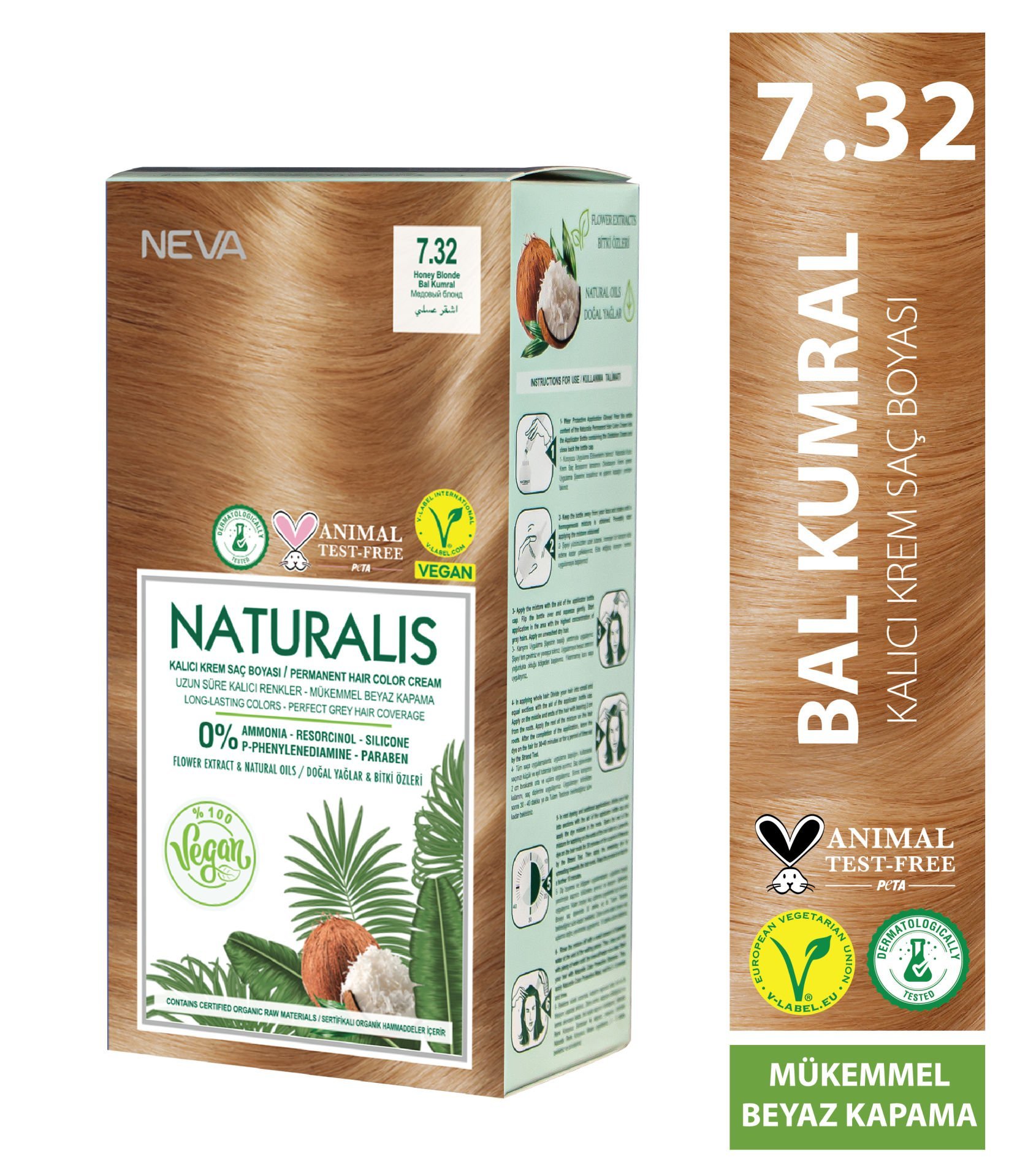 Nevacolor Naturalis Vegan Bal Kumral 7.32 Kalıcı Krem Saç Boyası Seti