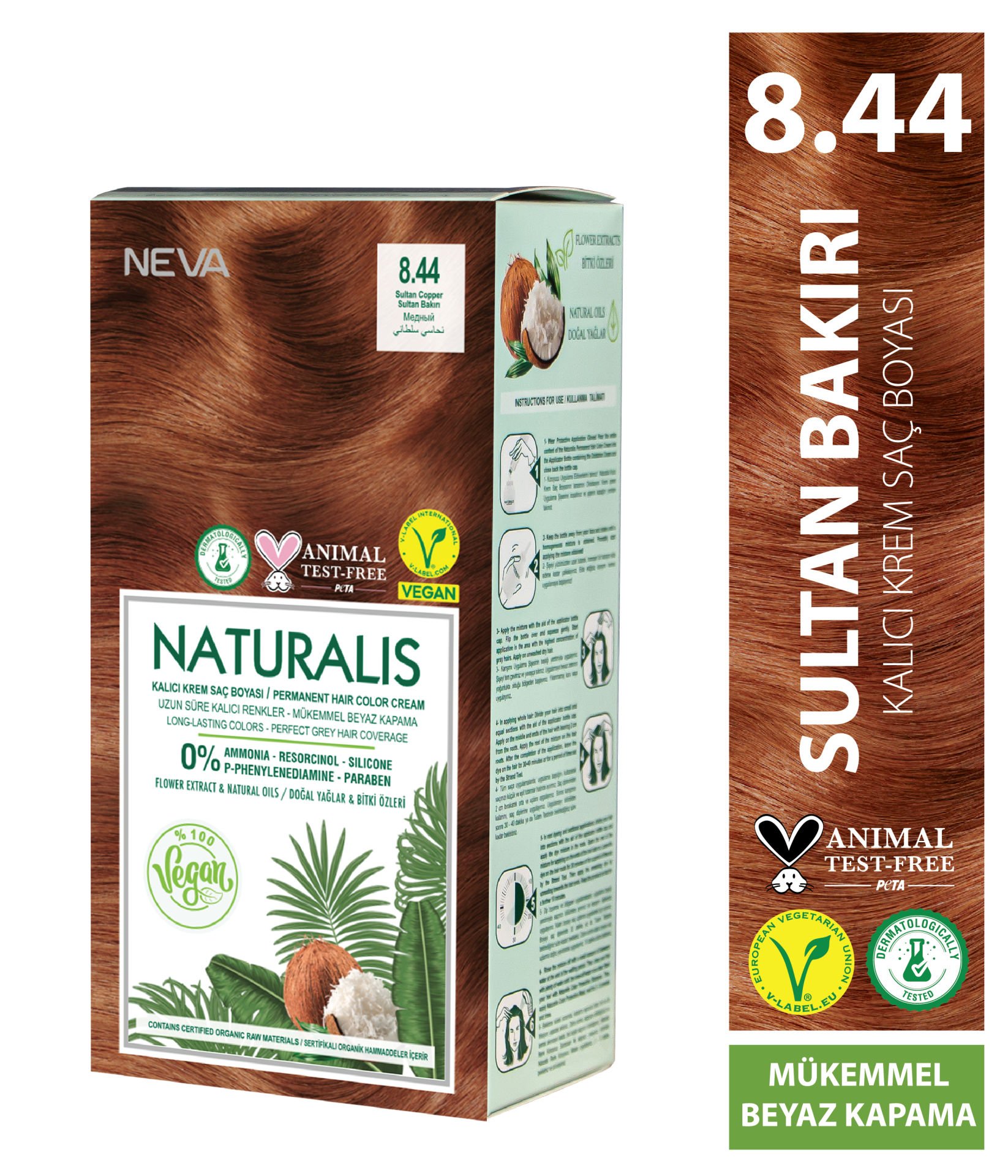 Nevacolor Naturalis Vegan Sultan Bakırı 8.44 Kalıcı Krem Saç Boyası Seti