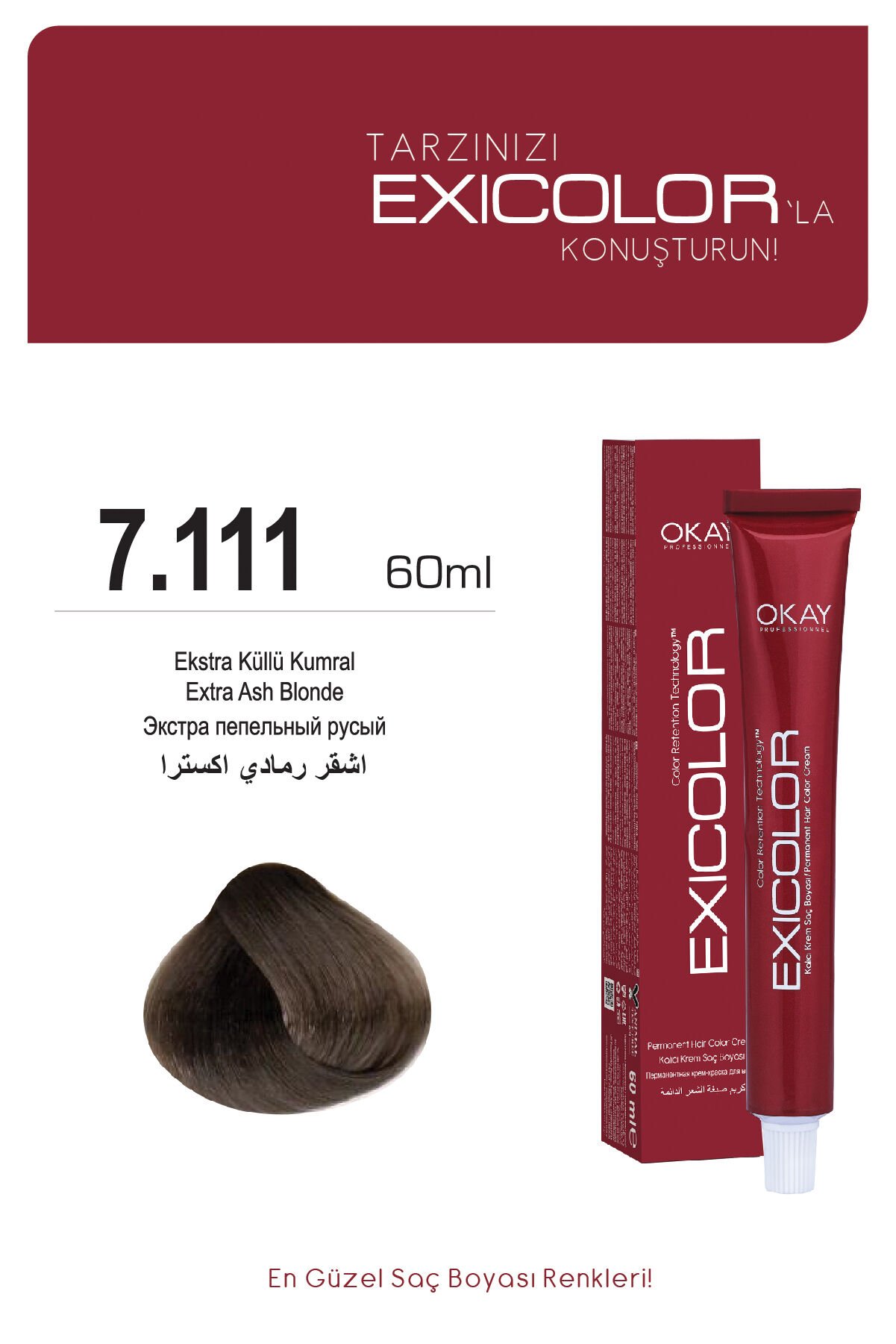 Exicolor 7.111 Ekstra Küllü Kumral - Kalıcı Krem Saç Boyası 60 ml Tüp