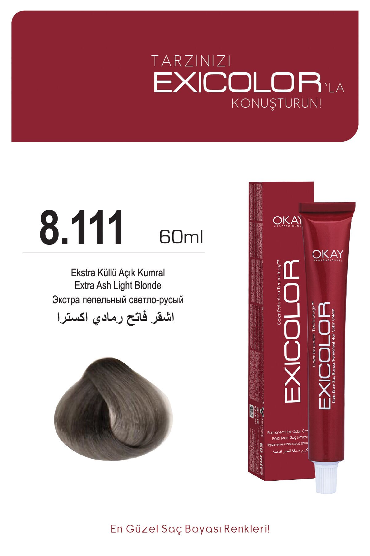 Exicolor 8.111 Ekstra Küllü Açık Kumral - Kalıcı Krem Saç Boyası 60 ml Tüp