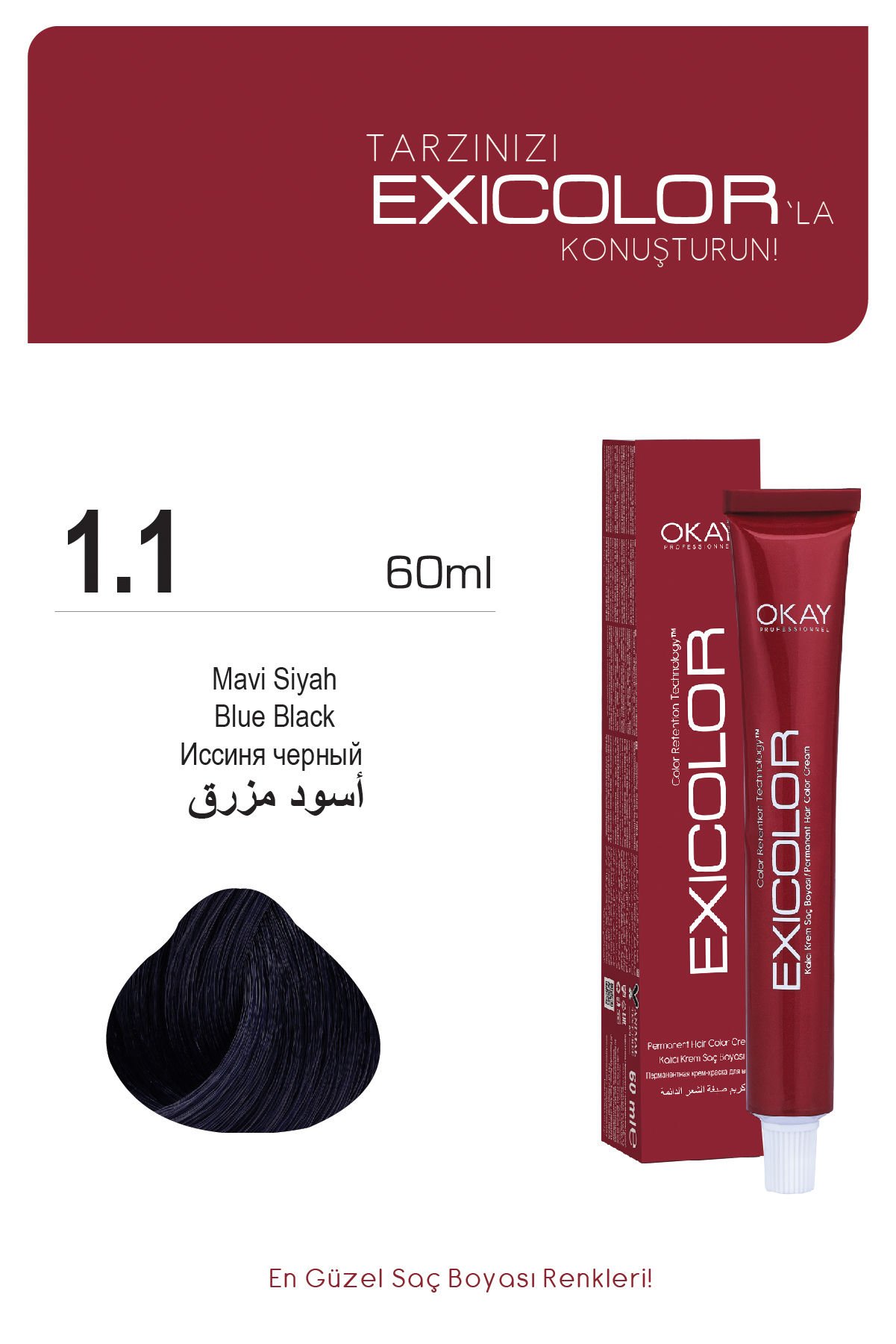 Exicolor 1.1 Mavi Siyah - Kalıcı Krem Saç Boyası 60 ml Tüp