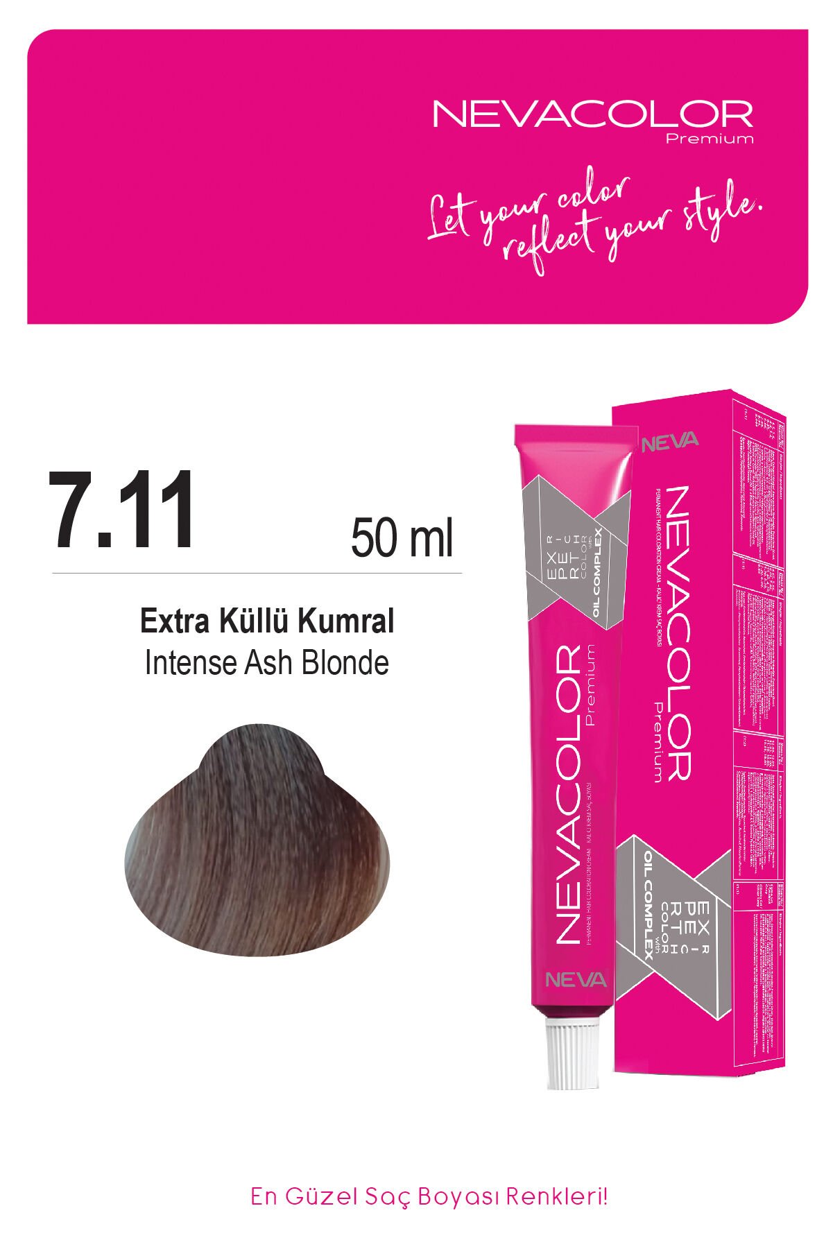 Nevacolor Premium 7.11 Ekstra Küllü Kumral - Kalıcı Krem Saç Boyası 50 g Tüp