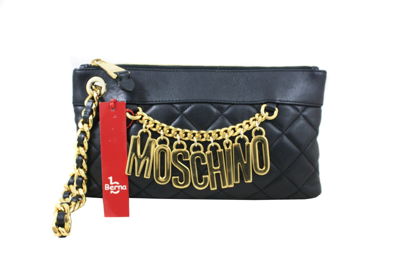MOSCHINO Black Quilted Logo Chain Clutch