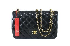 CHANEL Black Lambskin Quilted Jumbo Double Flap