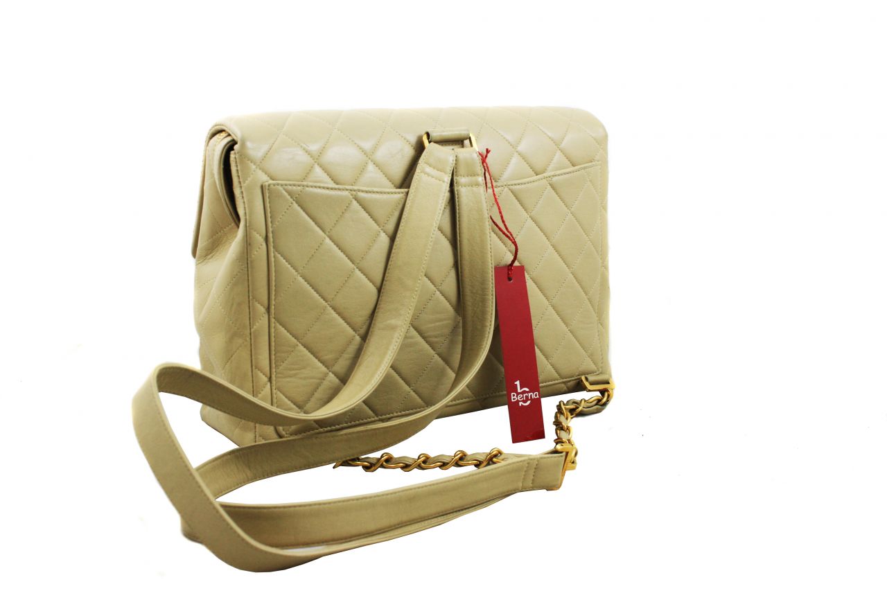 CHANEL Vintage Beige Lambskin Quilted Flap Backpack
