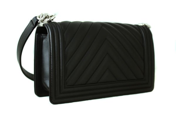 CHANEL Black Lambskin Chevron Quilted Medium Boy Flap