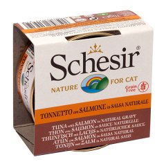 Schesir Kendi Suyunda Pişirilmiş Ton Balıklı Somonlu Konserve Kedi Maması 70 Gr