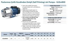 Grandfar  GJSm800L1 Paslanmaz  Jet Pompa 1,1 HP