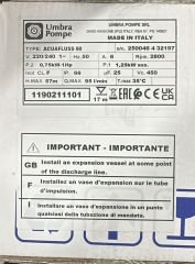 UMBRA ACUAFLUSS 60 Hidroforlu Dalgıç 1 HP - 57 metre - İtalyan