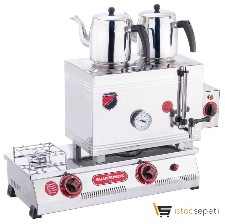 SilverInox 40 Model Ekonomik Çay Ocağı Çift Taban 3 Demlikli 28 L Doğalgazlı