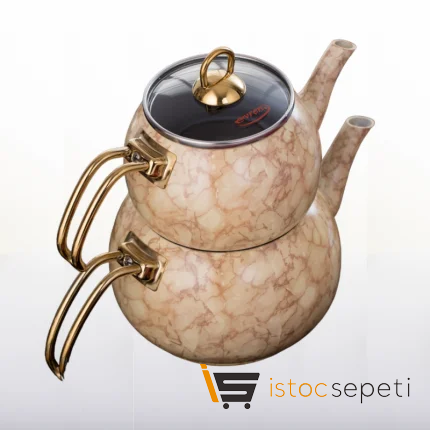 White Taş Mermer Desenli Bakraç Çaydanlık Takımı Orta Boy (1+2 lt)
