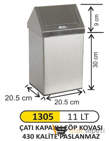 Arı Metal 1305 Çatı Kapaklı Çöp Kovası Paslanmaz 11 Litre