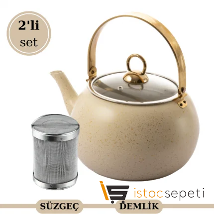 Cream Küre Bitki Çayı Demliği 3 lt ve Kafes Tel Süzgeç