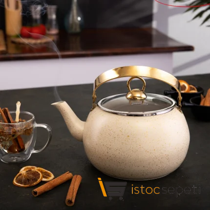 Cream Küre Bitki Çayı Demliği 3 lt ve Kafes Tel Süzgeç