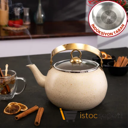Cream İndüksiyonlu Küre Bitki Çayı Demliği Büyük Boy 3 lt