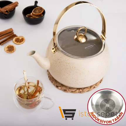 Cream İndüksiyonlu Küre Bitki Çayı Demliği Küçük Boy 1 lt