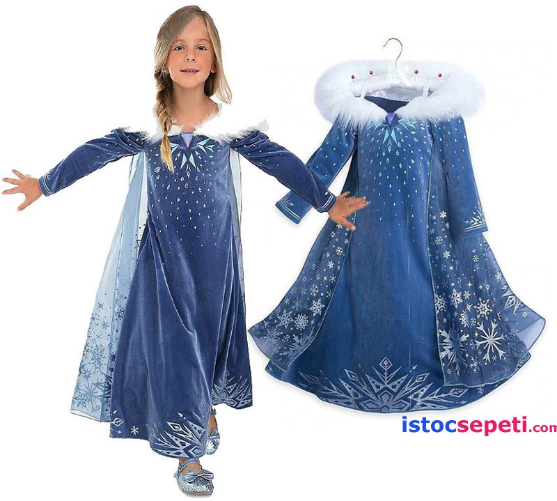 Elsa Frozen Elbiseleri Prenses Kostüm Kadife Uzun Kollu