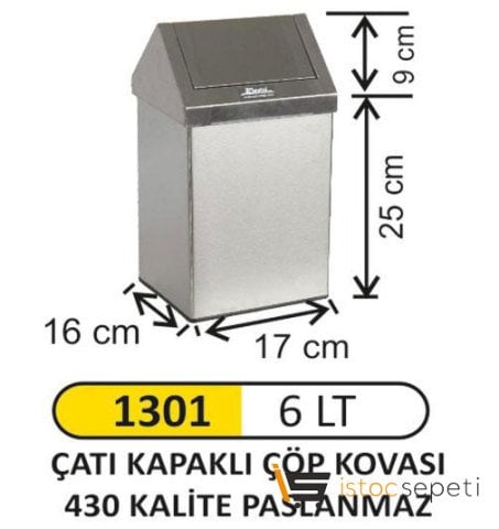 Arı Metal 1301 Çatı Kapaklı Çöp Kovası Paslanmaz 6 Litre 430 Kalite