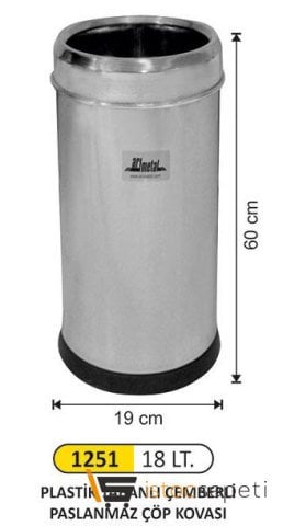Arı Metal 1251 18 Lt Plastik Tabanlı Çemberli Paslanmaz Çöp Kovası