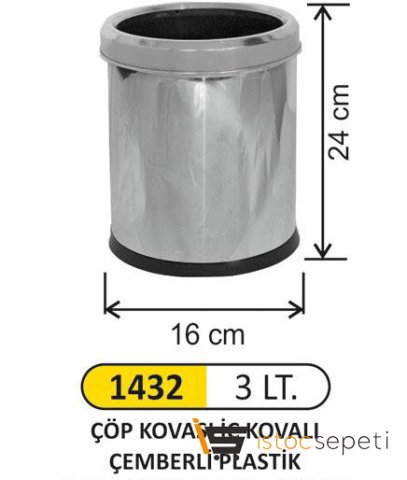 Arı Metal Ofis Tipi İç Kovalı Çemberli Paslanmaz Çöp Kovası 3 L 1432
