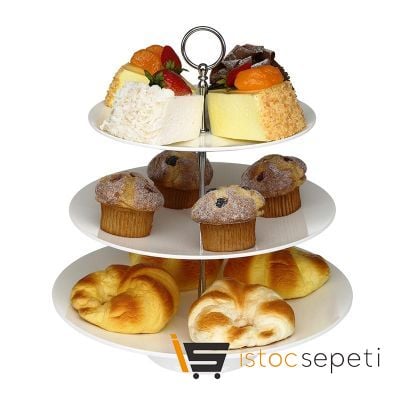 Yuvarlak Gastronomi Teşhir Tepsisi 3 Katlı 25x30x35 cm