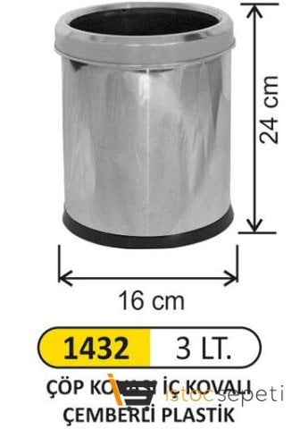 Arı Metal 1432 Ofis Tipi Çemberli Çöp Kovası Paslanmaz Çelik 3 lt