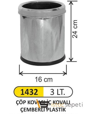 Arı Metal 1432 Ofis Tipi Paslanmaz Çöp Kovası 3 Litre Çemberli