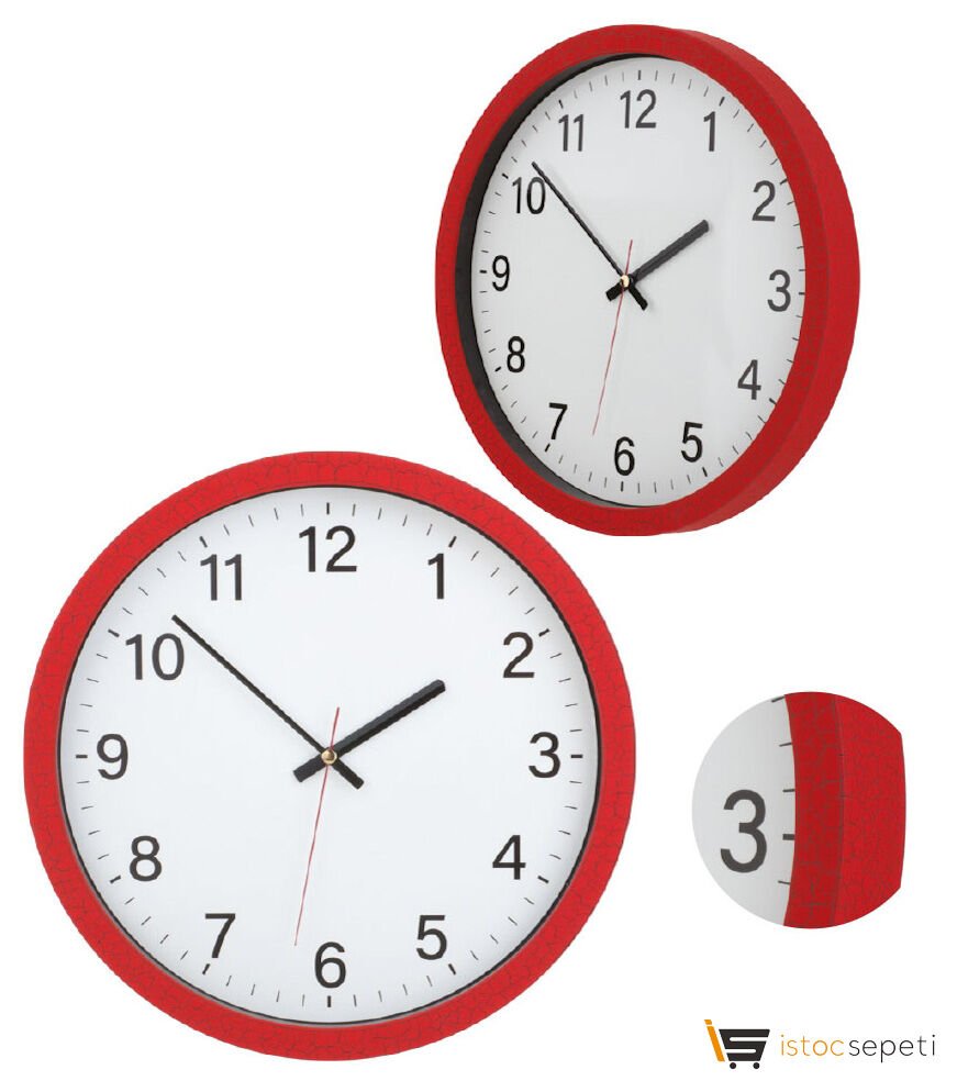 Kırmızı Çatlak Desenli Plastik Duvar Saati Promosyon