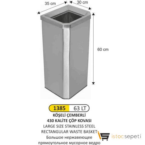 Arı Metal 1385 Köşeli Çemberli Çöp Kovası 63 L Paslanmaz