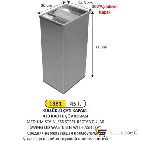 Arı Metal 1381 45 Lt Dikdörtgen Çatı Kapaklı Küllüklü Çöp Kovası Paslanmaz Orta Boy 430 Kalite