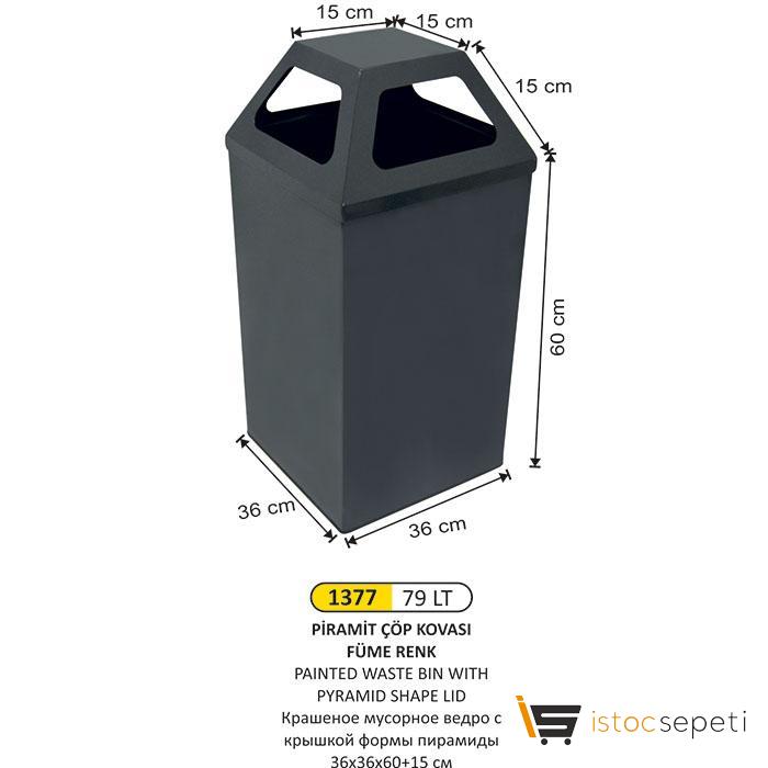 Arı Metal 1377 79 Lt Piramit Çöp Kovası Füme Renk 36X36X60+15 Cm