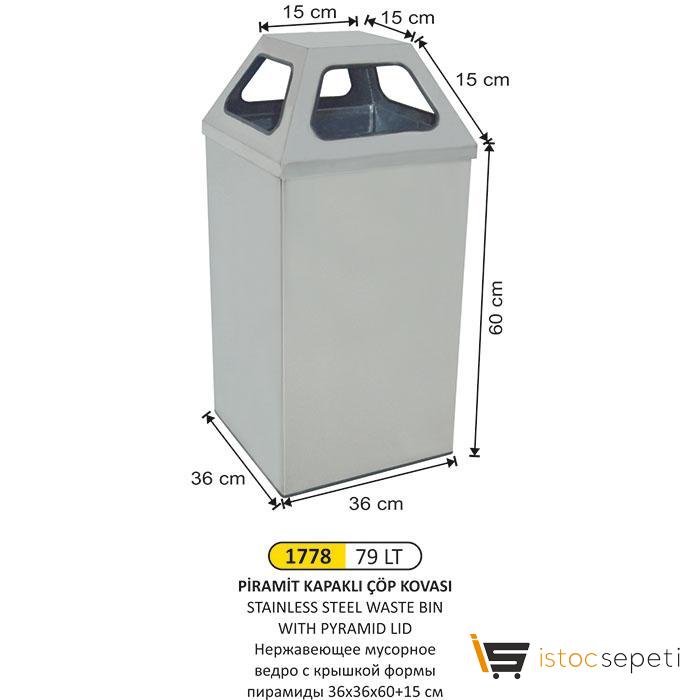 Arı Metal 1778 79 Lt Piramit Kapaklı Paslanmaz Çöp Kovası 36X36X60+15 Cm