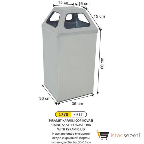 Arı Metal 1778 79 Lt Piramit Kapaklı Paslanmaz Çöp Kovası 36X36X60+15 Cm
