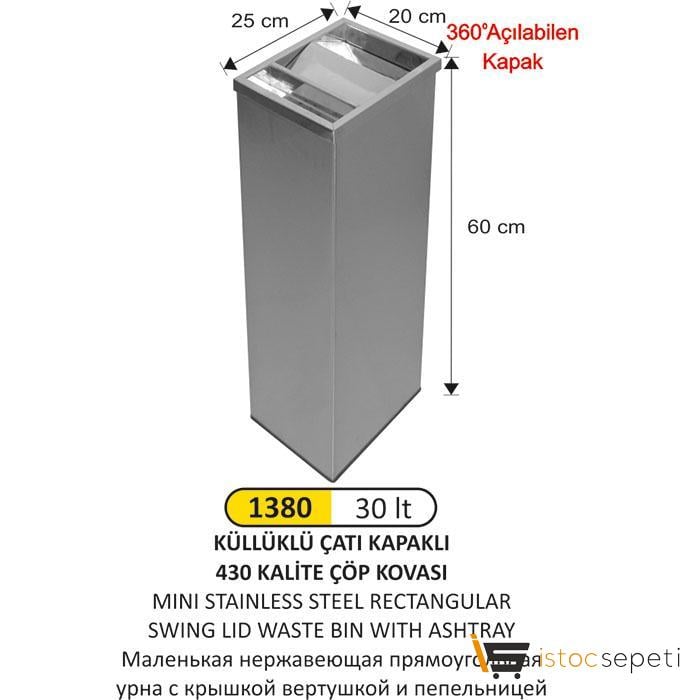 Arı Metal 1380 30 Lt Dikdörtgen Çatı Kapaklı Küllüklü Çöp Kovası Paslanmaz Küçük 430 Kalite