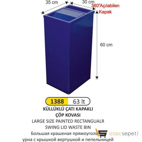 Arı Metal 1388 63 Lt Dikdörtgen Çatı Kapaklı Küllüklü Çöp Kovası Boyalı Büyük Boy