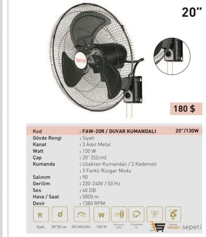 Kaşkar Taflan Faw-20R Sanayi Tipi Duvar Vantilatörü