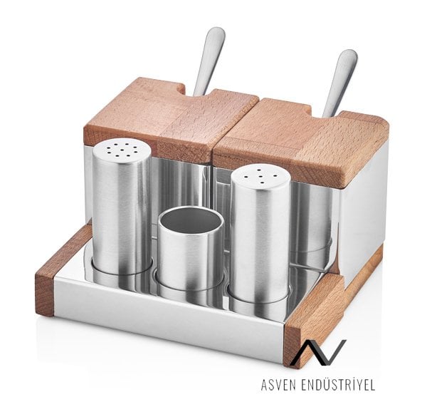 Tuzluk Baharatlık Seti Ahşap Çelik Paslanmaz Restoran Tipi