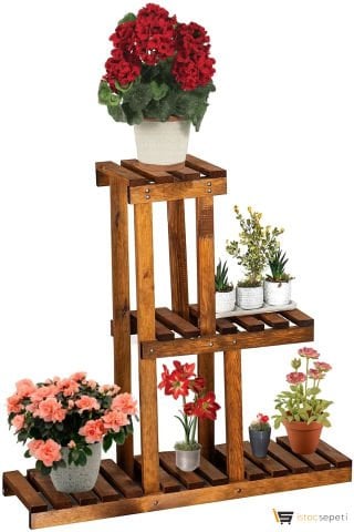 AHŞAPEVİM Ahşap Saksılık Dekoratif Çiçeklik Standı Doğal Ağaçtan 3 Katlı Raf Balkon Bahçe Saksı Standı
