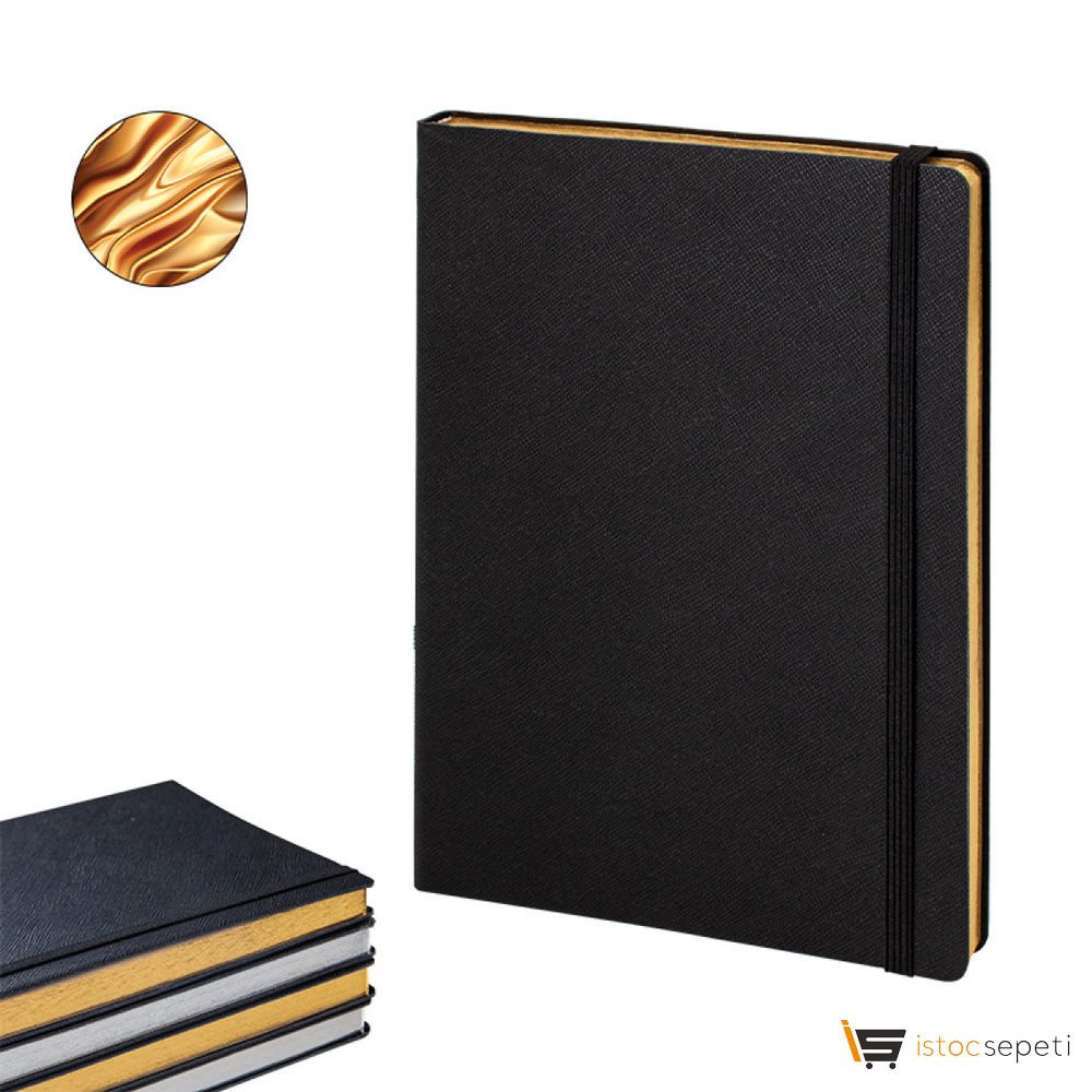 Siyah-Altın Varak Termo Deri̇ Defter Ebat: 19 x 25 cm / 192 Sayfa Promosyon
