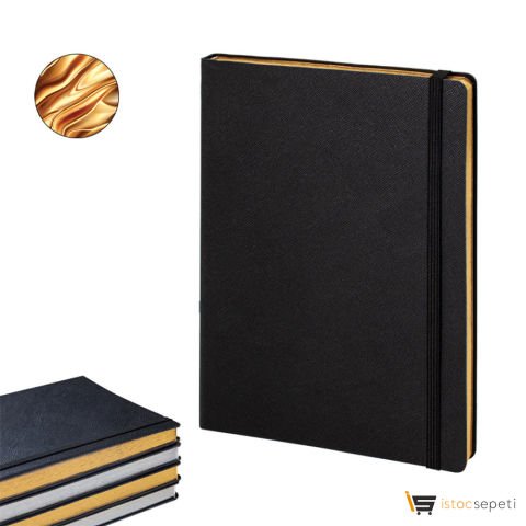 Siyah-Altın Varak Termo Deri̇ Defter Ebat: 19 x 25 cm / 192 Sayfa Promosyon