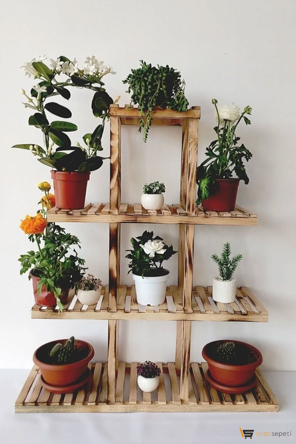 AHŞAPEVİM 4 Katlı Saksı Standı Dekoratif Saksılık Çiçeklik Çok Katlı Saksı Standı Yakma-Model