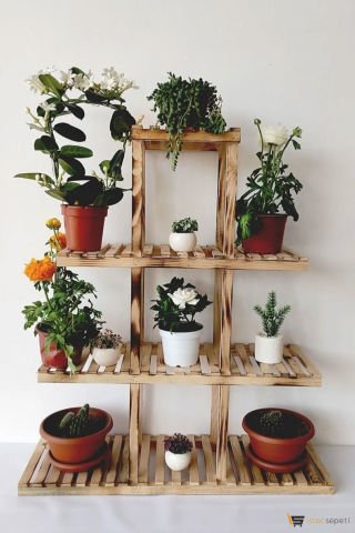 AHŞAPEVİM 4 Katlı Saksı Standı Dekoratif Saksılık Çiçeklik Çok Katlı Saksı Standı Yakma-Model